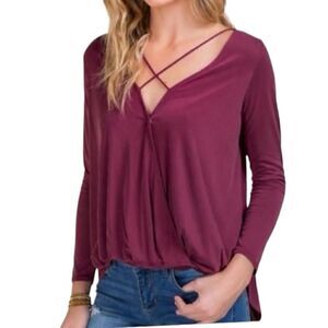 Francesca’s Alya wine cross front, long sleeve wrap hi-low top | size S | NWT